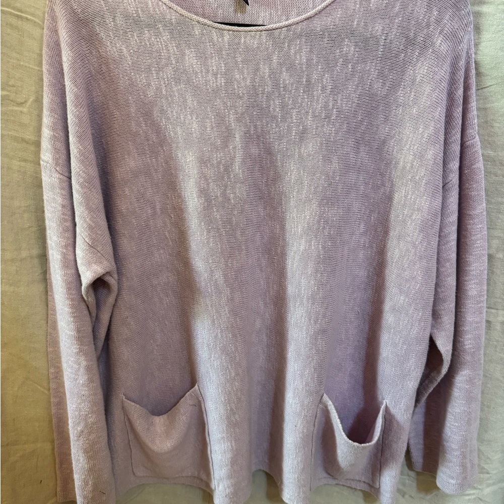 Eileen Fisher Lavender Crew Neck Sweater organic linen/cotton with pockets large